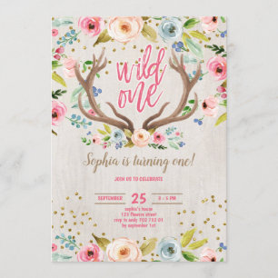 Convites Garota primeiro aniversario Deer Antlers Rustic Wi