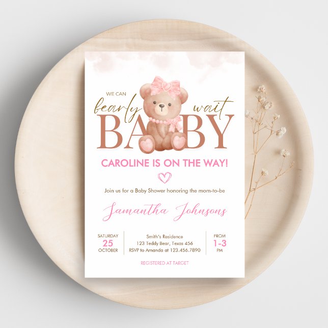 Convites Garota Que Podemos Apostar Chá de fraldas De Esper (We Can Bearly Wait Pink Bear Baby Shower Invitation)
