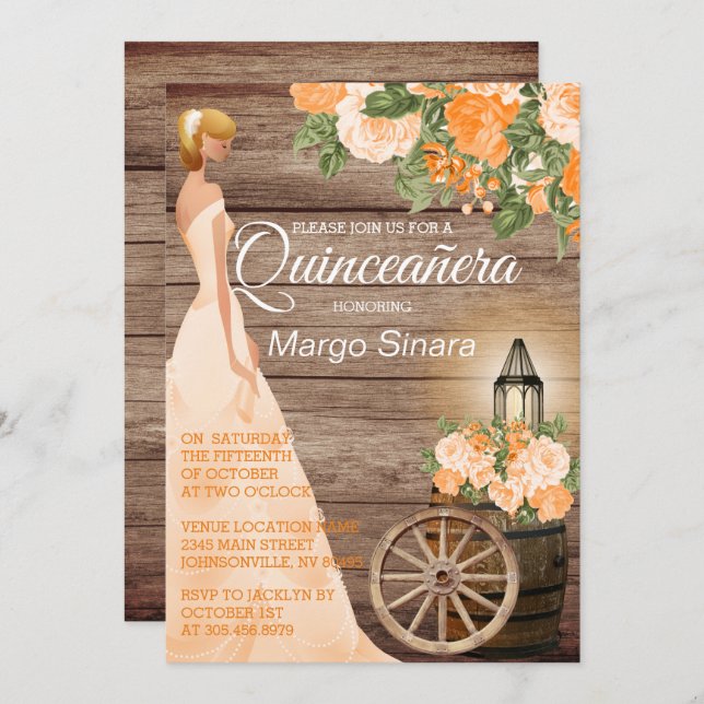Convites Garota Quinceañera - Canas de Madeira e Flores de  (Frente/Verso)