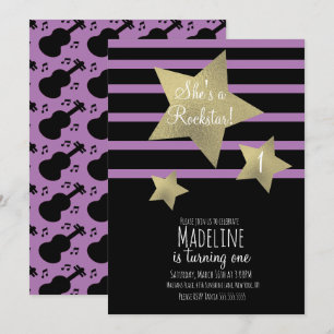 Convites Garota Rockstar Guitarra Faux Estrela de Aniversá