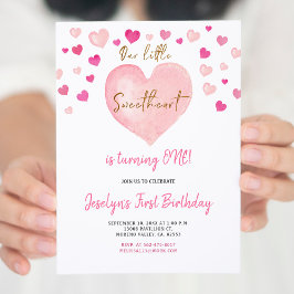 Convites Garota Rosa Aquarela Primeiro Coração de Aniversár