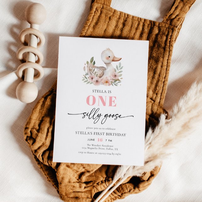 Convites Garota rosa-branca, um Bobo ganso Festa de anivers (Criador carregado)