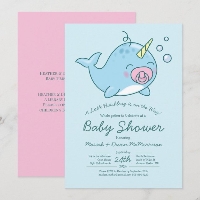 Convites Garota Rosa Chá de fraldas Kawaii, Cute Narwhale (Frente/Verso)
