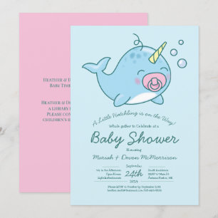 Convites Garota Rosa Chá de fraldas Kawaii, Cute Narwhale