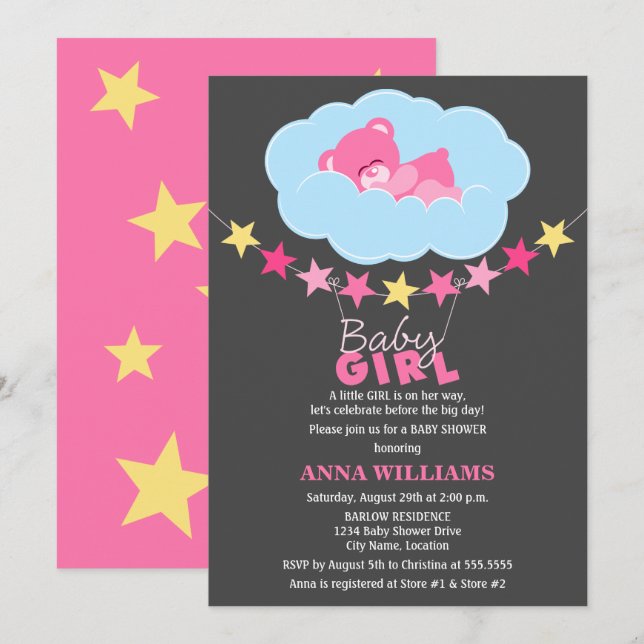 Convites Garota Rosa Dormindo Urso de Teddy no Chá de frald (Frente/Verso)