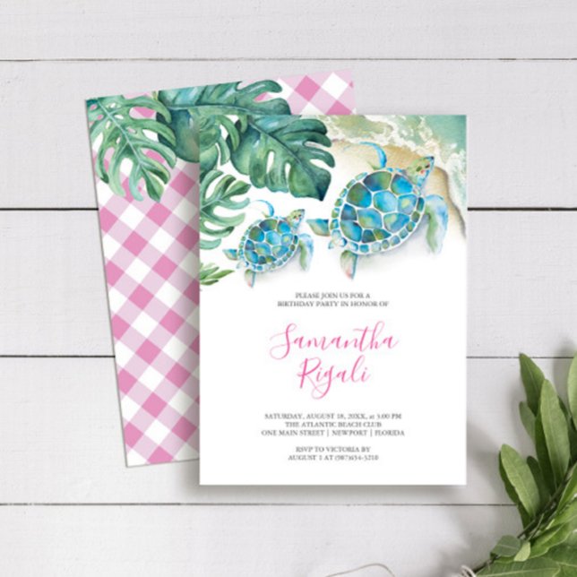 Convites Garota Rosa Tartaruga Tropical do Mar Gingham Aniv (Birthday party invitations girls cute pink and turquoise sea turtle watercolor Victoria Grigaliunas)