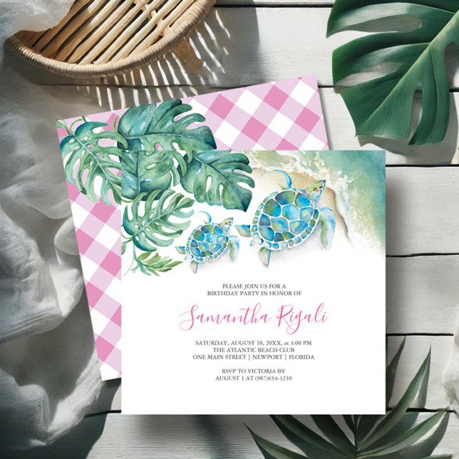 Convites Garota Rosa Tartaruga Tropical do Mar Gingham Aniv (Birthday invitations watercolor sea turtle and monstera palm leaf art by Victoria Grigaliunas)