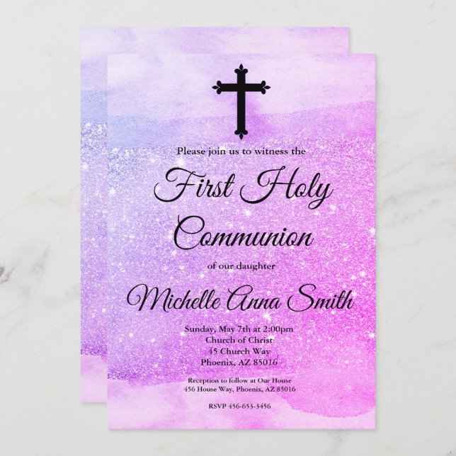 Convites Garota Roxa Rosa 1rua Primeira Comunhão Sagrada (Frente/Verso)