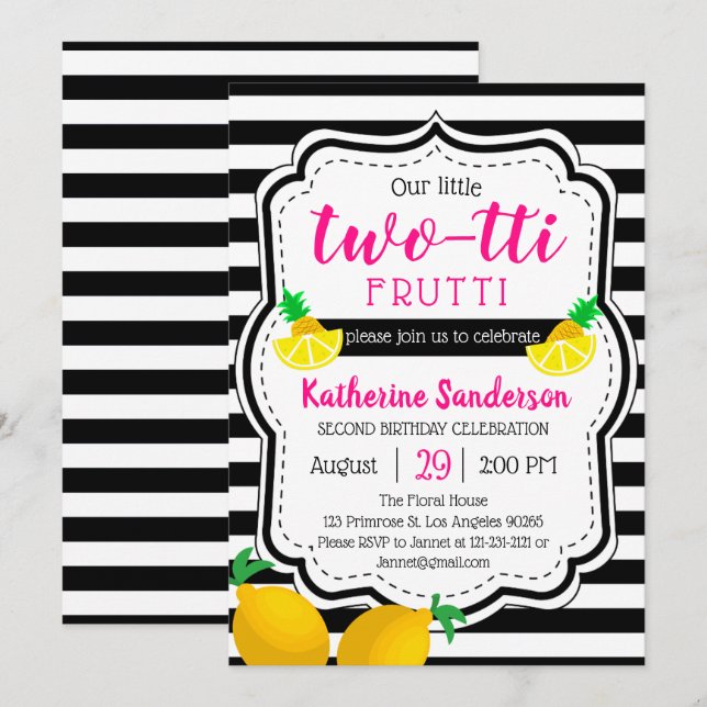 Convites Garota segundo aniversário Dois Doce Twotti Frutti (Frente/Verso)