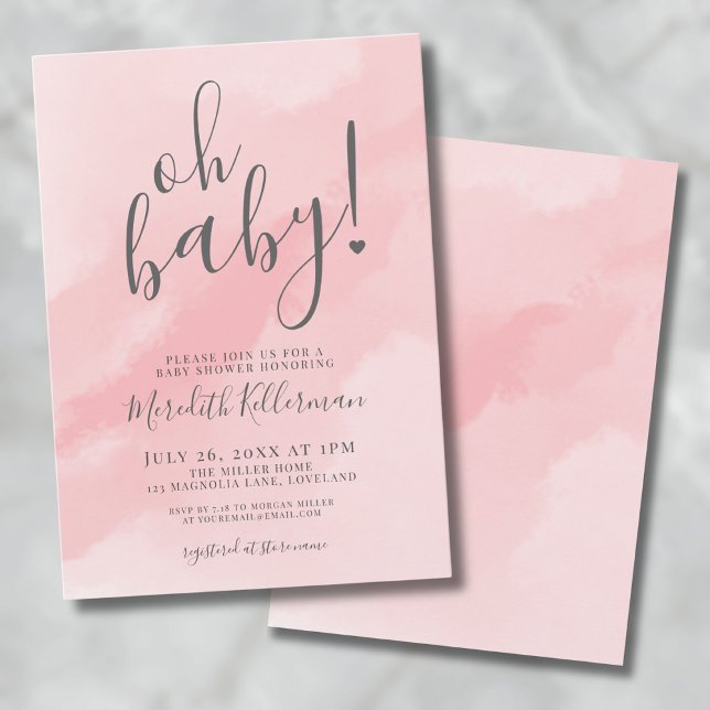 Convites Garota Simples Cor de Água Rosa Oh Chá de fraldas (Oh Baby Shower Simple Pink Watercolor Invitation)