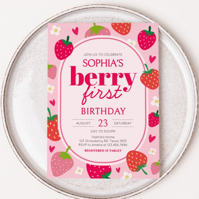 Convites Garota Strawberry Berry Primeira Festa de aniversá (Strawberry Berry First Birthday Party Invitation)