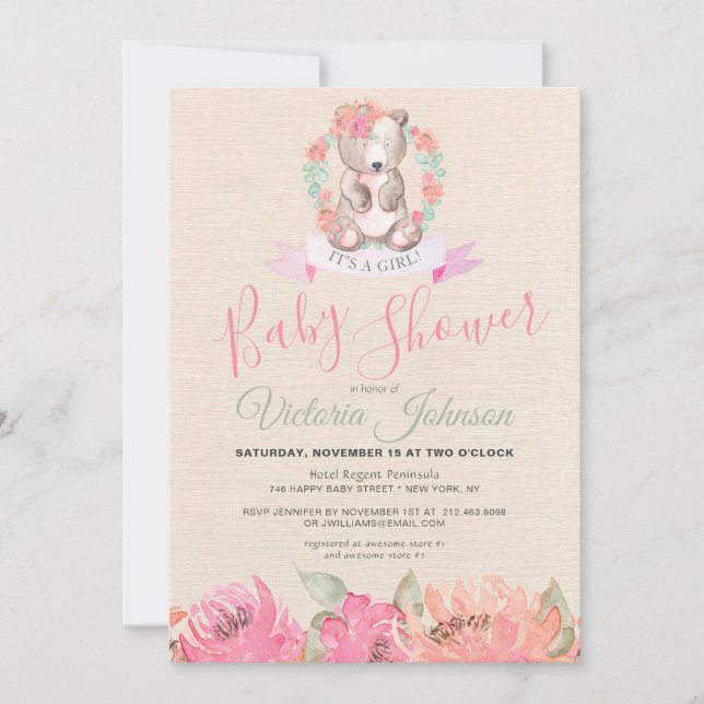 Convites Garota Watercolor Bear Woodland Floral (Frente)