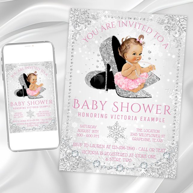 Convites Garota Winter Wonderland Chá de fraldas Rosa Floco (Snowflake high heel shoe baby winter shower invitation. Download and printed invitations available.)
