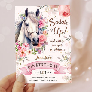 Convites Garotas 6 de Aniversário de Cavalo Flores de Sangu