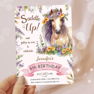 Convites Garotas 6 de Aniversário Roxo Saddle Floral Para C