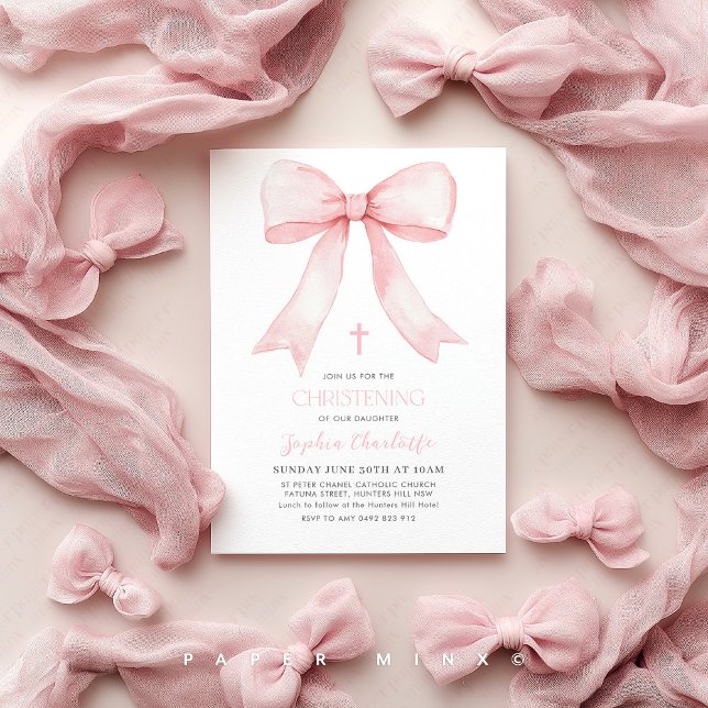 Convites Garotas Arcos Rosa Christening Coquette (Pink Bow Christening Invitation | Girls Coquette Baptism Invitation)