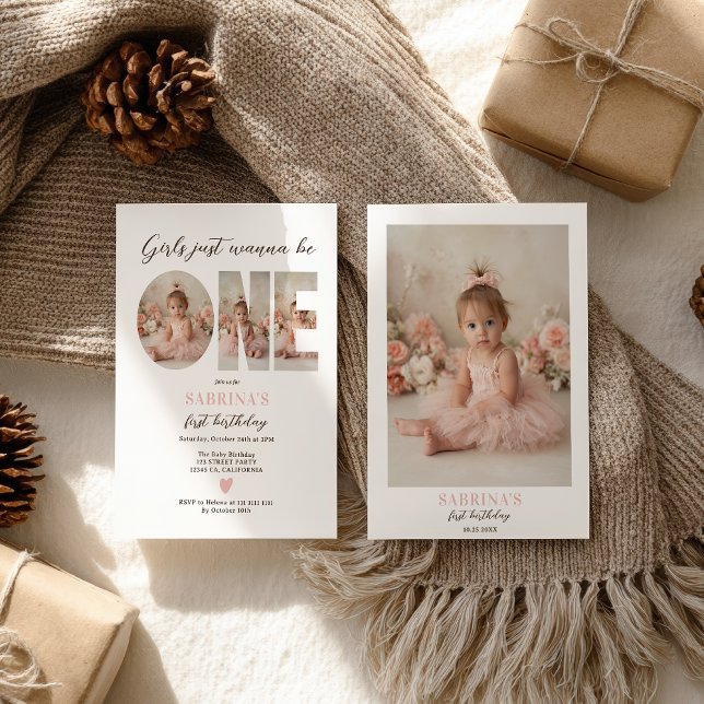 Convites Garotas Chic Just wanna be One Foto Primeiro Anive (Chic Girls Just wanna be One Photo First Birthday Invitation)