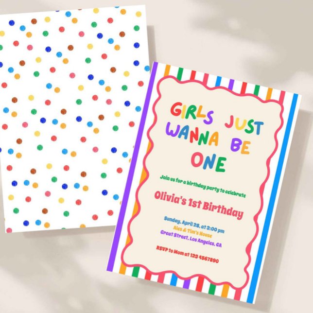 Convites Garotas Coloridas Só Querem Ser de Um Aniversário (Girls Just Wanna Be One Birthday Invitation, Rainbow First Birthday Invite, Colorful 1st Birthday Pa)