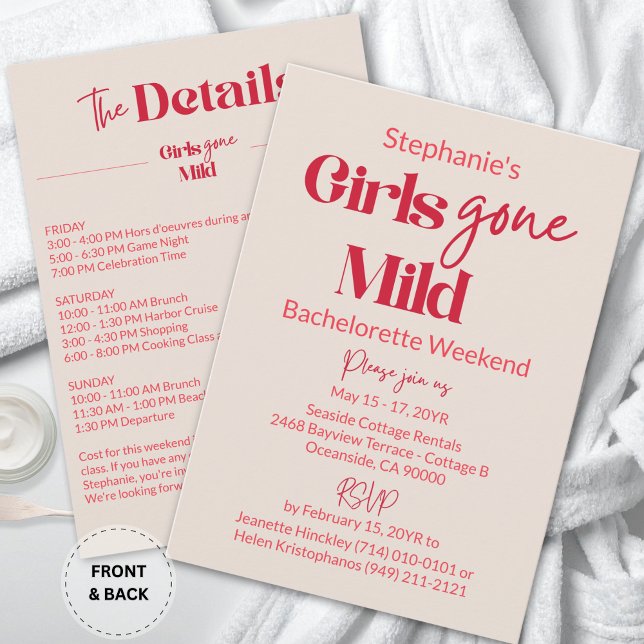 Convites Garotas Comportadas Fim de Semana de Praia da Form (Custom Modern Ruby Red Typography Girls Gone Mild Bachelorette Weekend Invitation)