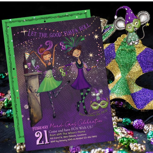 Convites Garotas Dançantes Caprichosas do Mardi Gras Verde  (Whimsical Mardi Gras Dancing Girls Green & Purple Invitation)