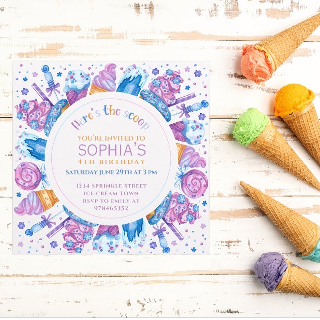 Convites Garotas de aniversário de sorvete Crianças Aqui es (Criador carregado)