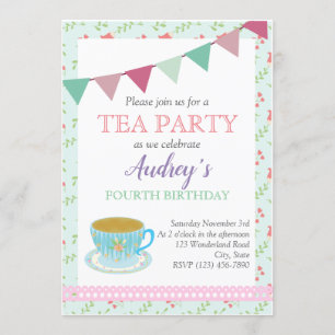Convites Garotas do Tea Party Chique de aniversário à tar