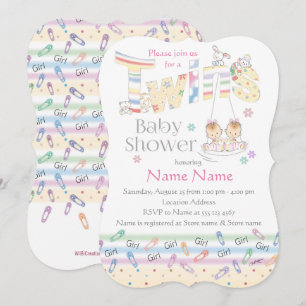 Convites Garotas gêmeas bonitas em Swing, chá de fraldas 