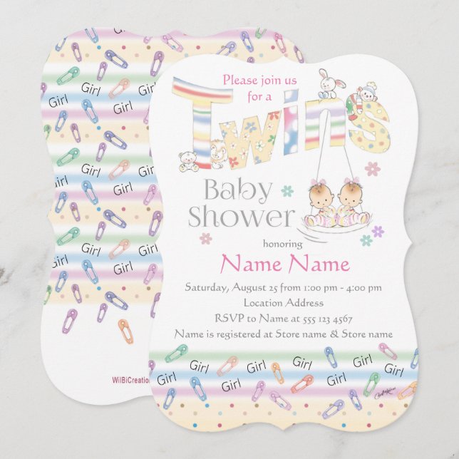 Convites Garotas gêmeas bonitas em Swing, chá de fraldas co (Frente/Verso)