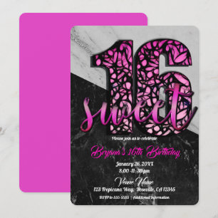 Convites Garotas Marble Preto Rosa Doce 16 Festa de anivers
