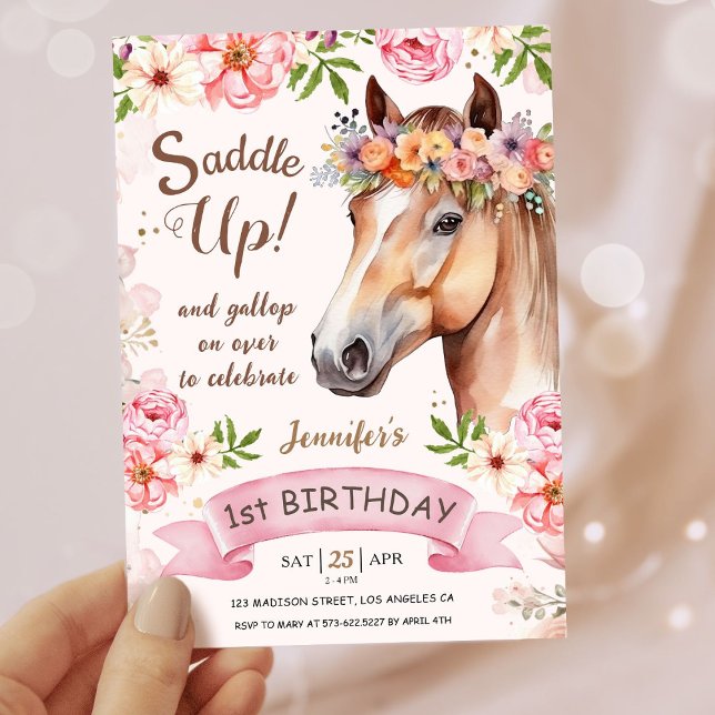 Convites Garotas primeiro aniversario Floral Saddle Para Ci (Criador carregado)