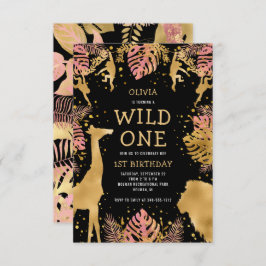 Convites Garotas primeiro aniversario Preto-Rosa Safari