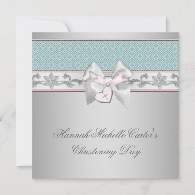Convites Garotas Rosa-Teal Silver Christening (Frente)