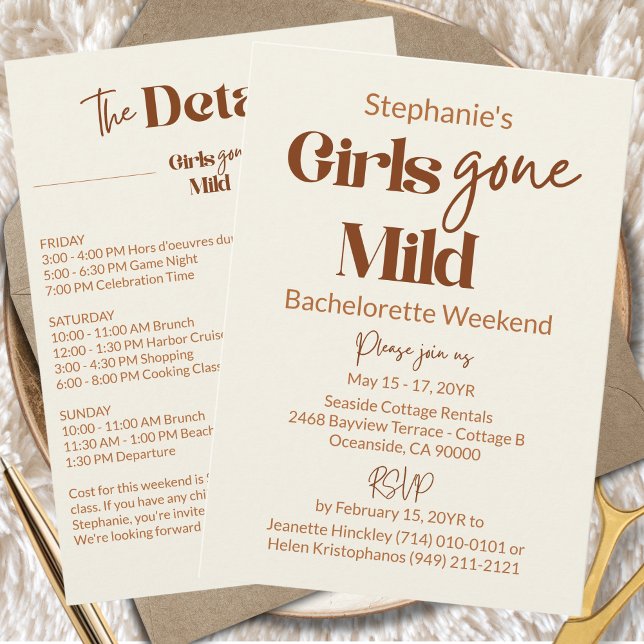 Convites Garotas Sofisticadas Festa de Solteira Fim de Sema (Custom Girls Gone Mild Elegant Brown Ivory Bachelorette Slumber Party Weekend Itinerary Invitation)