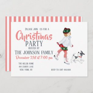 Convites Garotinha adorável patinando no gelo e no cachorro