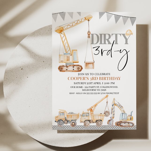 Convites Garoto Amarelo Construção Suja 3º-y aniversário de (Editable Dirty 3rd-y Birthday Invitation Template, Construction Themed 3rd Birthday Invite Modern )