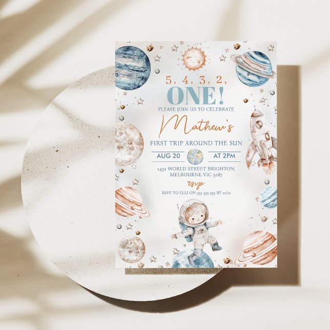 Convites Garoto Astronauta Primeira Viagem Em Torno Do Sol  (Boys First Trip Around the Sun 1st Birthday Invitation Template Instant Download, Astronaut Space)