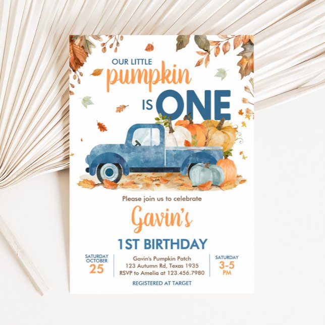 Convites Garoto Azul Pumpkin Caminhão Cai Aniversário (Blue Pumpkin Truck Fall Birthday Invitation)