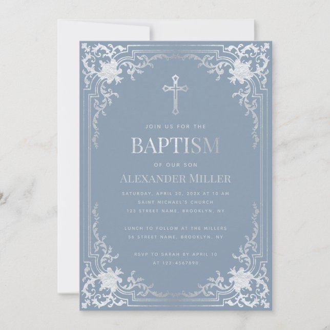 Convites Garoto Baptism Dusty Blue Elegante Faux Silver Vin (Frente)