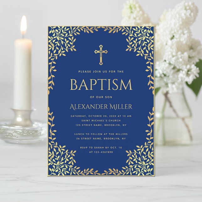 Convites Garoto Baptism Royal Blue Faux Folhas Douradas Fol (Criador carregado)