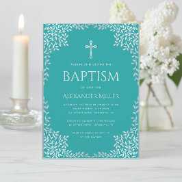 Convites Garoto Baptism Teal Faux Silver Deixa Ornamentado 
