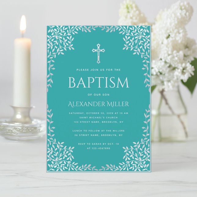 Convites Garoto Baptism Teal Faux Silver Deixa Ornamentado  (Criador carregado)