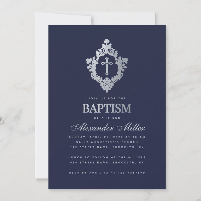Convites Garoto Baptismo Marinho Blue Faux Silver Crest Vin (Frente)