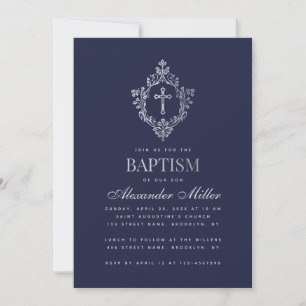 Convites Garoto Baptismo Marinho Blue Faux Silver Crest Vin