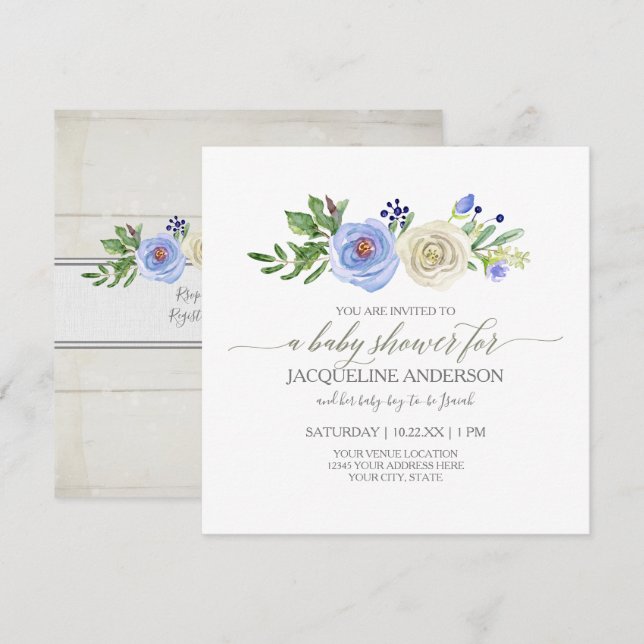 Convites Garoto Chá de fraldas Azul em Rosas Brancas Madeir (Frente/Verso)