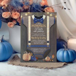 Convites Garoto Chá de fraldas Caiu Pumpkin Russo Burlap Wo<br><div class="desc">O convite para Chá de fraldas Rustic Fall Boy apresenta Arco Tie,  Burlap Bodycase,  Fundo de Madeira e Laranja e Marinho Blue Pumpkins Ilustrações</div>