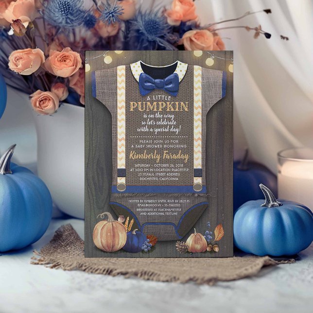 Convites Garoto Chá de fraldas Caiu Pumpkin Russo Burlap Wo (Navy Blue and Orange Rustic Fall Baby Shower Invitations)