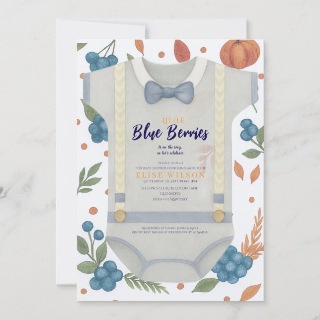 Convites Garoto chá de fraldas de outono, macacão invita (Frente)