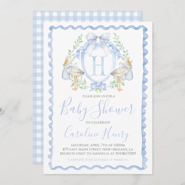 Convites Garoto Chá de fraldas de Storey Preppy Gingham Blu (Frente/Verso)