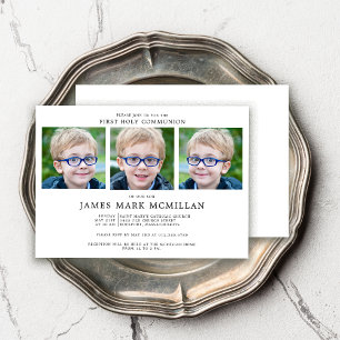 Convites Garoto de Colagem de 3 Fotos da Primeira Comunhão