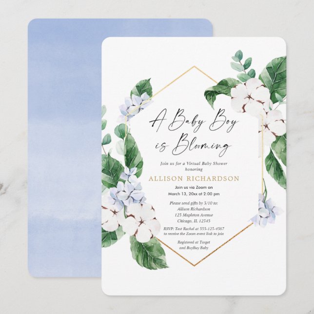 Convites Garoto de ouro floral azul-chá de fraldas de prima (Frente/Verso)